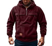 Felpa Con Cappuccio Cargo Da Uomo, Felpe Con Cappuccio Autunno-inverno Con Zip E Tasche, Hoodie Felpe Con Coulisse Da Uomo Per L'allenamento All'aperto(Wine Red,XL)