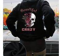 Felpa con cappuccio casual a maniche lunghe da donna taglie forti, con stampa di un teschio bianco abbinato a piume di rosa fucsia e le parole "Beautiful" e "CRAZY" in caratteri rosa, adatta per prima