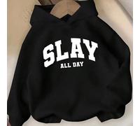 Felpa con cappuccio casual con stampa a lettere "SLAY ALL DAY" per ragazze adolescenti, alla moda e personalizzata, adatta per tutte le stagioni, colore nero 14Y,13Y,16Y,15YLettereTessuto