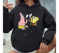 Felpa con cappuccio casual da donna della serie SpongeBob, con spalle scese, foderata in pile e tasche. Presenta immagini di SpongeBob e Patrick seduti a terra: Patrick con un cono gelato, SpongeBob c