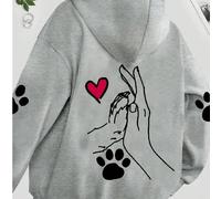 Felpa con cappuccio casual da donna in poliestere con stampa di cani e zampe a cuore, in tessuto maglia 100% poliestere, modello animale, adatta per autunno/inverno L,M,S,XL,XSAnimale,Fumetto,Geometri