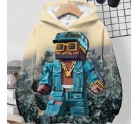 Felpa con cappuccio casual e comoda per ragazzi adolescenti, con stampa grafica di un ragazzo pixel con collana d'oro che emerge dalle rovine, abbigliamento per ragazzi, abbigliamento per il ritorno a