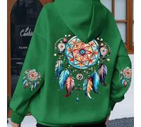 Felpa con cappuccio casual e morbida da donna taglia curvy - Motivo acchiappasogni verde brillante, design con tasche, vestibilità morbida, lavabile in lavatrice, comoda per l'autunno e l'inverno, sta