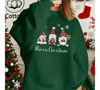 Felpa con cappuccio casual natalizia da donna, con spalle scese, foderata in pile e stampata, in verde scuro. Presenta tre adorabili gnomi natalizi decorati con fiocchi di neve, con la scritta "Merry