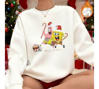 Felpa con cappuccio casual natalizia da donna con spalle scese, foderata in pile e stampata, raffigurante SpongeBob e Patrick in un design a tema natalizio: entrambi indossano cappelli da Babbo Natale