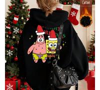 Felpa con cappuccio casual natalizia da donna con stampa e fodera in pile, spalle scese, felpa nera con fodera in pile. Il retro presenta un design a tema natalizio di SpongeBob e Patrick: entrambi i