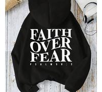 Felpa con cappuccio con citazione ispirazionale, "Fede oltre la paura" stampa a lettere, felpa con cappuccio casual, maniche lunghe, tasca, laccio regolabile, moda L,M,S,XL,XXLLettereTessuto in maglia