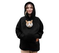 Felpa con cappuccio con marsupio per gatti e tasca con cerniera per animali in pile, calda e comoda per passeggiate all'aperto', Nero , L
