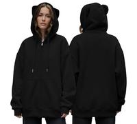 Felpa con cappuccio con orecchie con gatto carino con cerniera, felpa con cappuccio a tema anime, comoda, tinta unita, con tasca, calda vacanza quotidiana, Nero , XXL