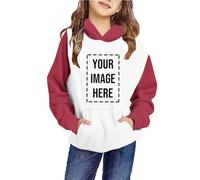 Felpa con cappuccio con stampa personalizzata, unisex, per bambini, con stampa anteriore, con cappuccio, blocco di colore, patchwork, esclusiva, personalizzazione, con logo con foto, Colore: rosso, 7