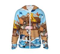 Felpa con cappuccio con zip per uomo e donna, con animali sull'arca di Noè, galleggiante, a maniche lunghe, con tasche, nero, Medium