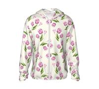 Felpa con cappuccio con zip per uomo e donna, tulipani fiori foglie verdi con cappuccio sole manica lunga camicia uomo donna con tasche, Nero, L