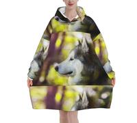 Felpa con cappuccio, coperta in flanella, felpa con cappuccio indossabile da donna, Alaskan Malamute Bokeh Animali Domestici Cani Carini