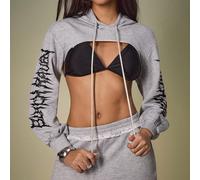 Felpa con cappuccio corta e ampia da donna con stampa di lettere gotiche e coulisse, adatta per feste di Ognissanti, abbigliamento di strada Y2K, top casual autunnali SHEIN X Shutterstock SHEIN X pote
