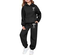 Felpa con cappuccio da bambina con stampa a lettere e pantaloni, casual, alla moda, in due pezzi, comodo, per tutti i giorni, carino, bambino, morbido, stile jogger, Nero , 10-11 Anni