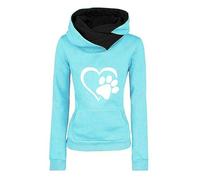 Felpa con cappuccio da donna, autunno e inverno, in peluche, calda felpa con cappuccio, alla moda, con stampa a zampa di cane, maglia a maniche lunghe, con tasca, taglie S-3XL, Azzurro, S