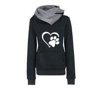 Felpa con cappuccio da donna, autunno e inverno, in peluche, calda felpa con cappuccio, alla moda, con stampa a zampa di cane, maglia a maniche lunghe, con tasca, taglie S-3XL, Nero , S