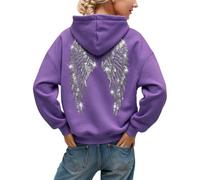 Felpa con cappuccio da donna con ali d'angelo in strass e tasche casual Y2K, 2*Viola, S