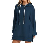 Felpa con cappuccio da donna, con apertura laterale, lunga, oversize, per donna, felpa con cappuccio, vestibilità normale, maglione invernale, casual, comoda maglietta sportiva, Blu marino, XL
