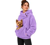 Felpa con cappuccio da donna con cappuccio e tasca scaldamani con bottoni | Una tasca frontale contiene un piccolo cane nel design raffigurato, con collo a cappuccio con bottoni