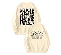 Felpa con cappuccio da donna con cappuccio, felpa con cappuccio, con scritta "God is Greater Than The Highs and Lows" per donna, a maniche lunghe, grafica, cachi, M