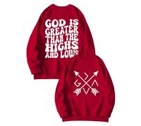 Felpa con cappuccio da donna con cappuccio, felpa con cappuccio, con scritta "God is Greater Than The Highs and Lows" per donna, a maniche lunghe, grafica, Colore: rosso, L