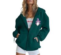 Felpa con cappuccio da donna con cerniera, con stampa grafica carina e tasca a marsupio, comoda felpa casual foderata in pile oversize con cappuccio con zip, Verde scuro, S