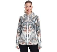 Felpa con cappuccio da donna con cerniera e fori per il pollice, con protezione UPF 50+, motivo floreale, stile bohémien, per escursioni, Fiori di lupo grigio bohémien, L