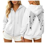 Felpa con cappuccio da donna con cerniera e strass, a maniche lunghe, con stampa ala d'angelo, bianco, 3XL