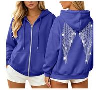Felpa con cappuccio da donna con cerniera e strass, a maniche lunghe, con stampa ala d'angelo, Blu, S