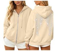 Felpa con cappuccio da donna con cerniera e strass, a maniche lunghe, con stampa ala d'angelo, cachi, L