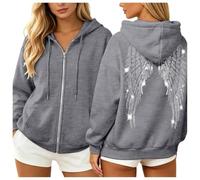 Felpa con cappuccio da donna con cerniera e strass, a maniche lunghe, con stampa ala d'angelo, Grigio scuro, S