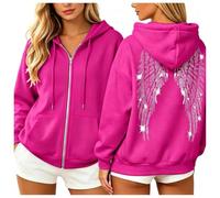 Felpa con cappuccio da donna con cerniera e strass, a maniche lunghe, con stampa ala d'angelo, Rosa acceso, 3XL