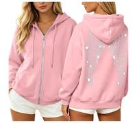 Felpa con cappuccio da donna con cerniera e strass, a maniche lunghe, con stampa ala d'angelo, rosa, XXL