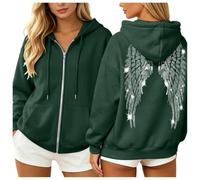 Felpa con cappuccio da donna con cerniera e strass, a maniche lunghe, con stampa ala d'angelo, Verde scuro, S