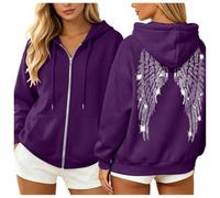 Felpa con cappuccio da donna con cerniera e strass, a maniche lunghe, con stampa ala d'angelo, Viola scuro, L