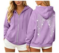 Felpa con cappuccio da donna con cerniera e strass, a maniche lunghe, con stampa ala d'angelo, Viola, XL