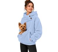 Felpa con cappuccio da donna con collo ad anello, motivo cane e bottoni sul | Scollo alto con bottone a vista, maniche lunghe e tasca frontale; l'immagine del cane decora la parte anteriore