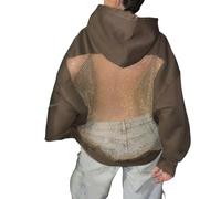 Felpa con cappuccio da donna con dettagli in rete sulla schiena, maniche lunghe con fascia integra; Felpe con cappuccio da donna, Marrone, S