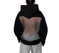 Felpa con cappuccio da donna con dettagli in rete sulla schiena, maniche lunghe con fascia integra; Felpe con cappuccio da donna, Nero , L