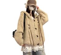 Felpa con Cappuccio da Donna con Orecchie da Coniglio Vintage Harajuku Y2K con Bottoni - Stile Dolce Kawaii Casual Preppy (Khaki,L)