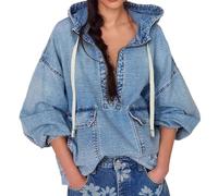 Felpa con cappuccio da donna, con scollo a V, mezza cerniera, con coulisse e tasche, taglie grandi, in denim, vintage, a maniche lunghe, Y2K, streetwear, Blu, S