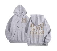 Felpa con cappuccio da donna con scritta in lingua inglese "Jesus Jesus Is My Healer" con grafica carina, stile cristiano, da spiaggia, con cappuccio, stile vintage, con scritta "I Love", Grigio