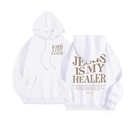 Felpa con cappuccio da donna con scritta in lingua inglese "Jesus Jesus Is My Healer" con grafica carina, stile cristiano, da spiaggia, con cappuccio, stile vintage, con scritta "I Love", bianco, XL