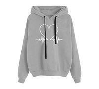 Felpa con cappuccio da donna con stampa amorosa, elegante maglione urbano da donna 2025, a maniche lunghe, grigio., L