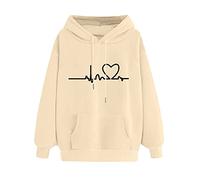 Felpa con cappuccio da donna con stampa amorosa moderna, elegante maglione urbano invernale da donna 2025 a maniche lunghe con cappuccio, beige., XL