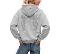 Felpa con cappuccio da donna con strass e ali d'angelo, Cenere chiaro-b, L