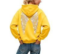 Felpa con cappuccio da donna con strass e ali d'angelo, Giallo-B, L