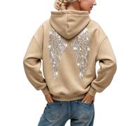 Felpa con cappuccio da donna con strass e ali d'angelo, Khaki-b, L