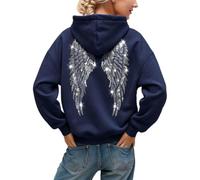 Felpa con cappuccio da donna con strass e ali d'angelo, Navy-B, L